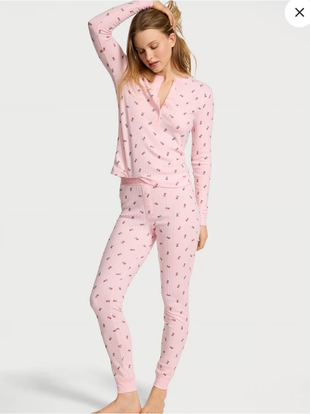 Victoria's Secret Pink Ribbed Henley Thermal Pajama Set with Mini Floral Print